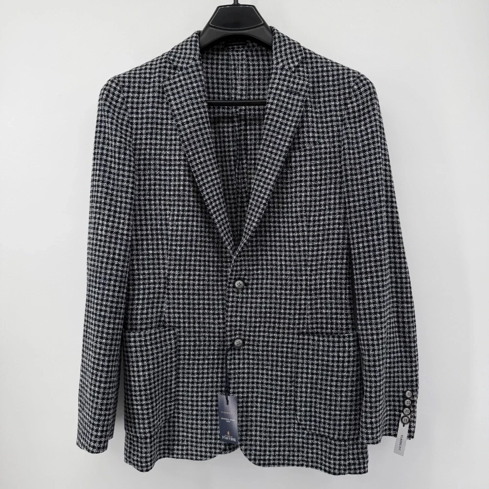 Stafford Mens Classic Fit Navy Check seasonal Sport Coat Blazer Jacket 52R
